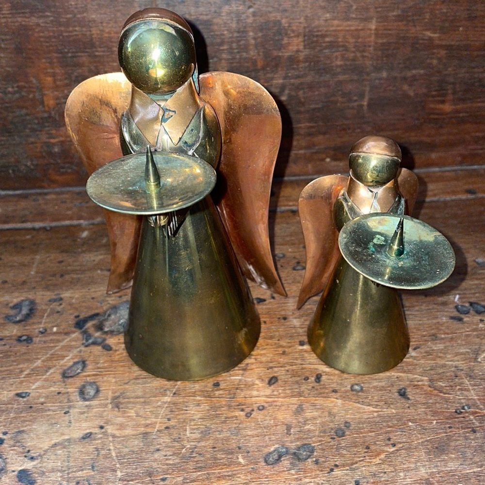 Vtg brass & copper‎ angel candle holder Christmas decorations